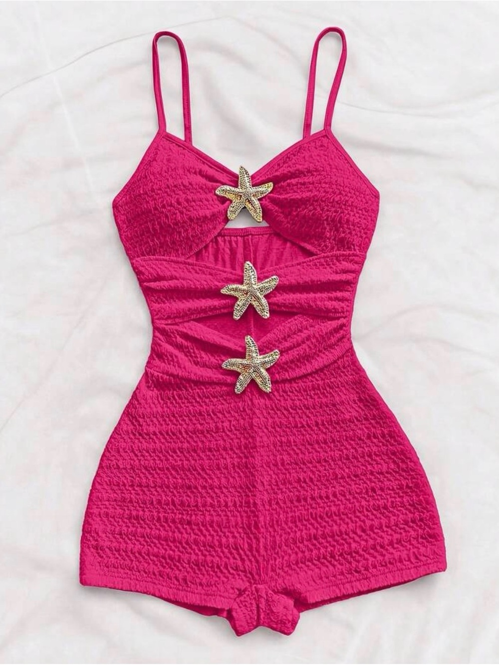 Hot Pink One-Piece Romper with Gold Starfish Accents!